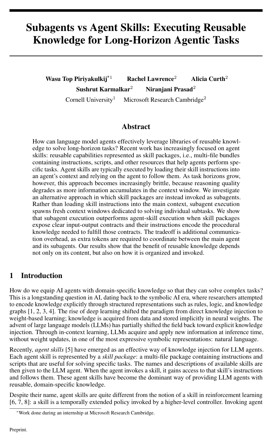 Subagents vs Agent Skills: Executing Reusable Knowledge for Long-Horizon Agentic Tasks