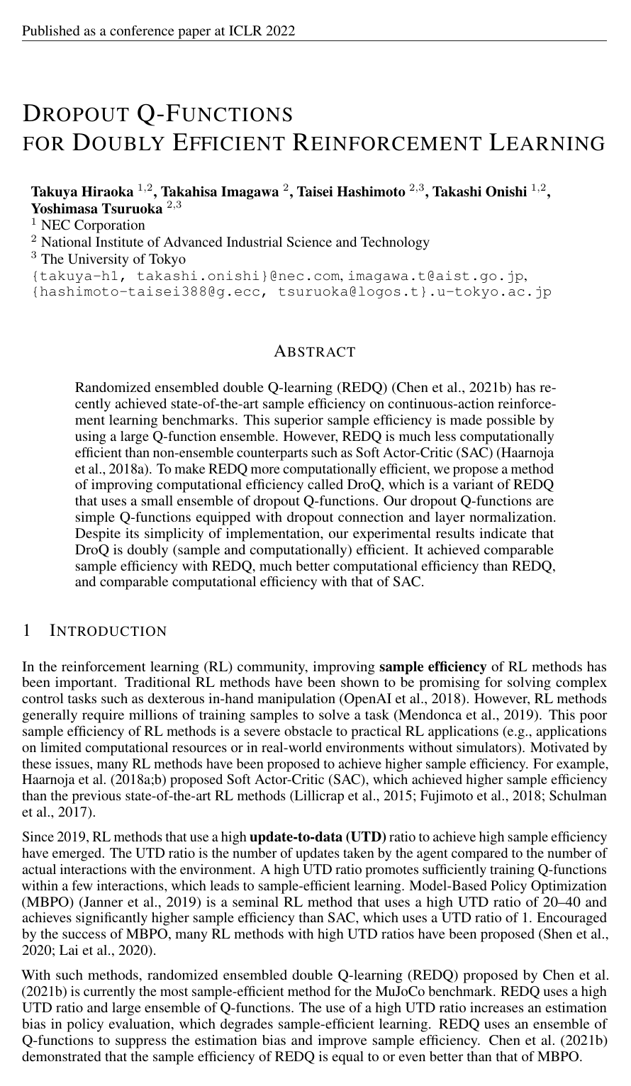 Cover for Dropout Q-Functions for Doubly Efficient Reinforcement Learning