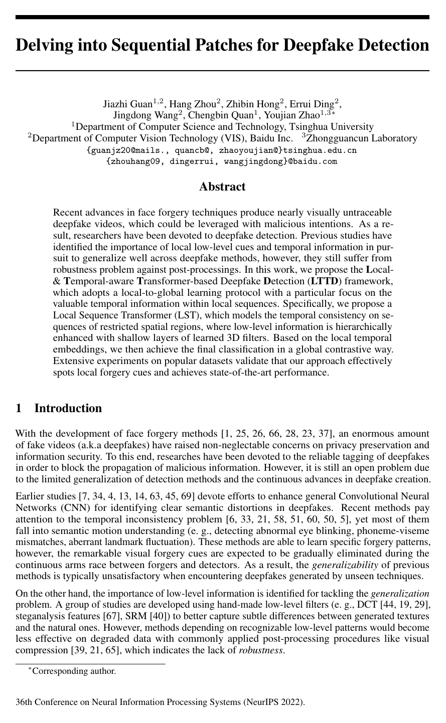 Cover for Delving into Sequential Patches for Deepfake Detection