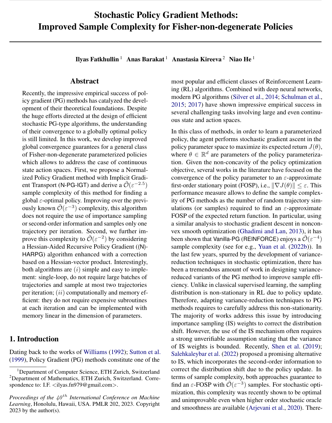 Stochastic Policy Gradient Methods: Improved Sample Complexity for Fisher-non-degenerate Policies