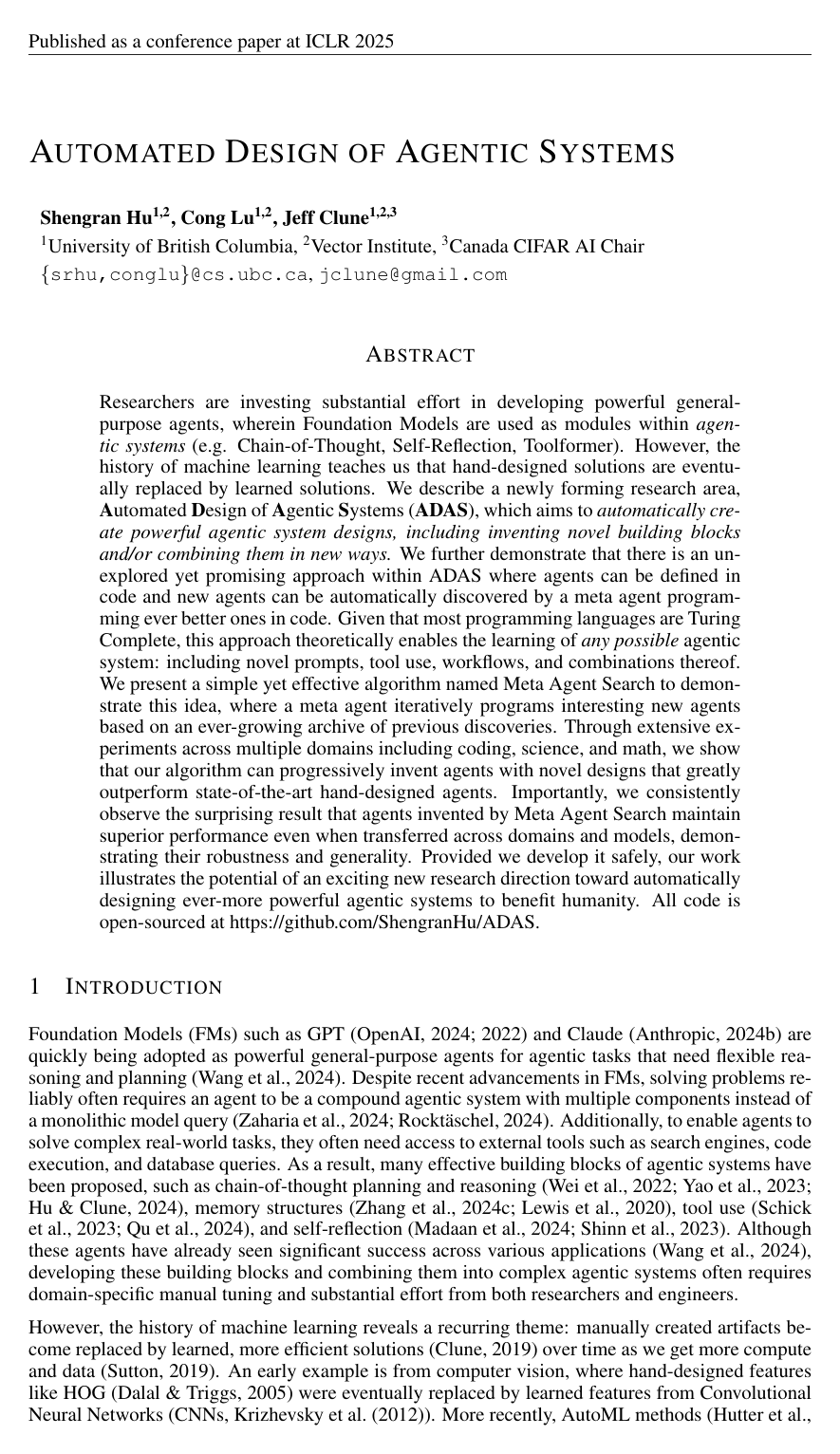 Automated Design of Agentic Systems