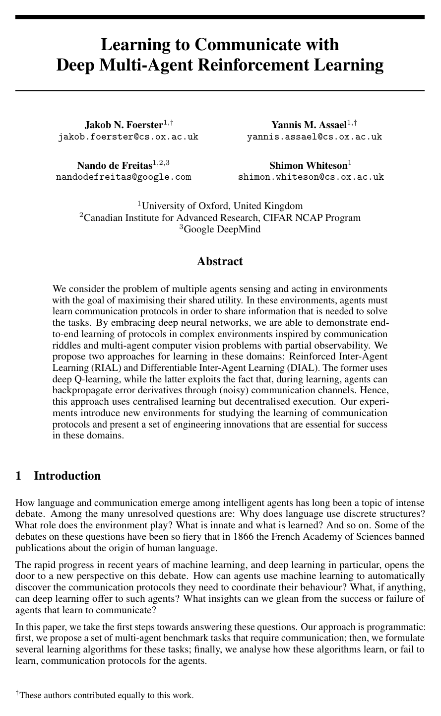 Cover for Learning to Communicate with Deep Multi-Agent Reinforcement Learning