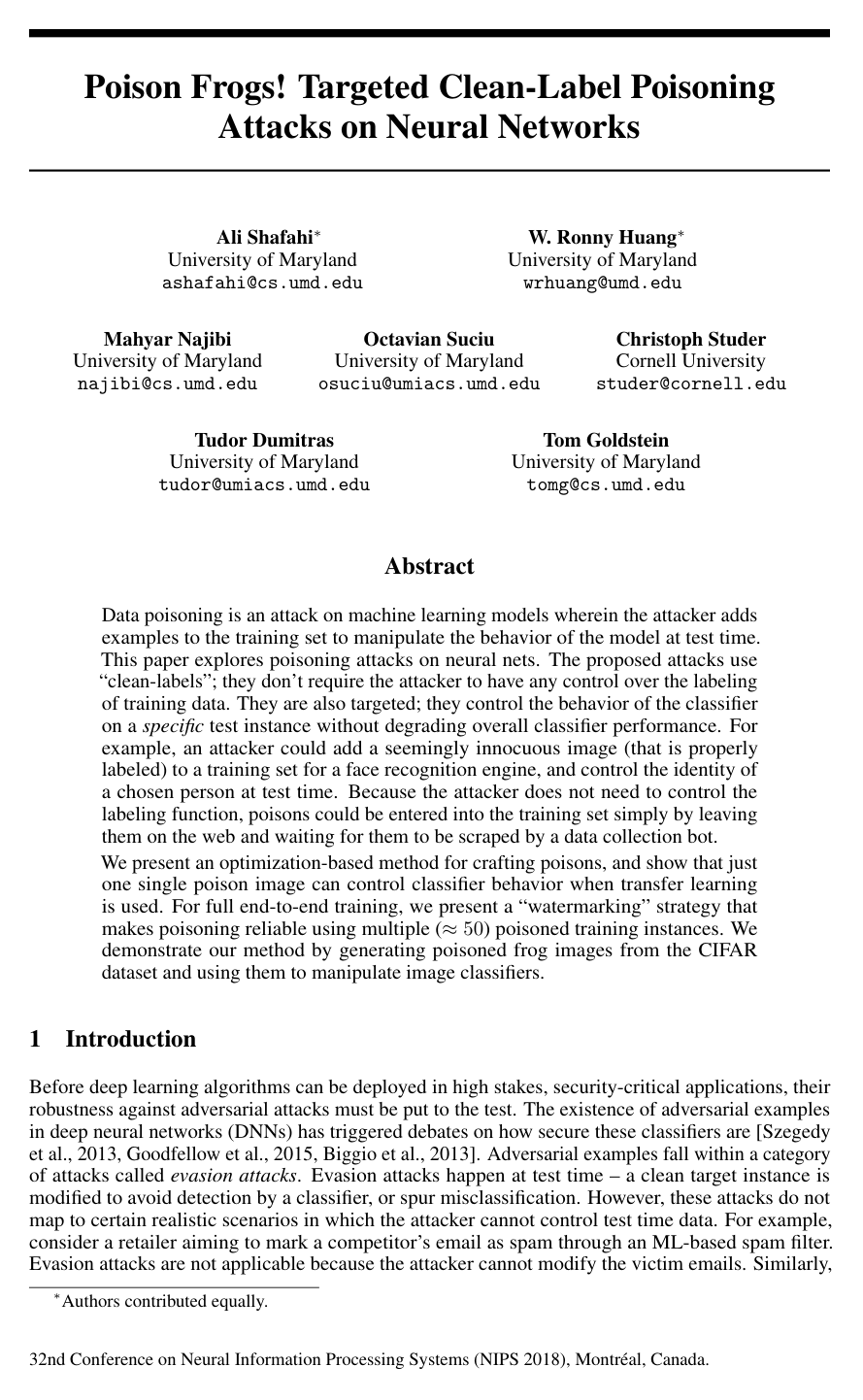 Cover for Poison Frogs! Targeted Clean-Label Poisoning Attacks on Neural Networks