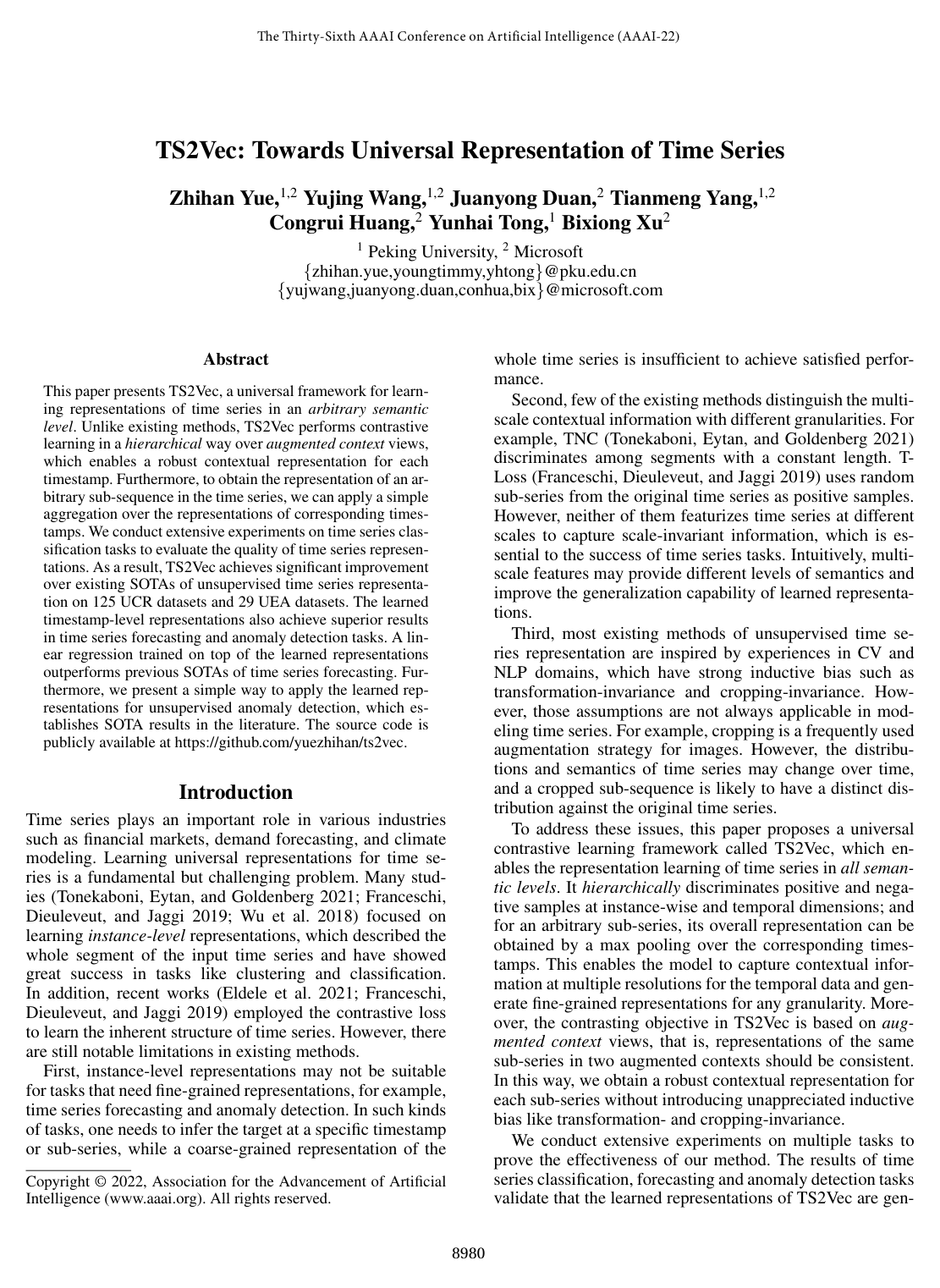 TS2Vec: Towards Universal Representation of Time Series