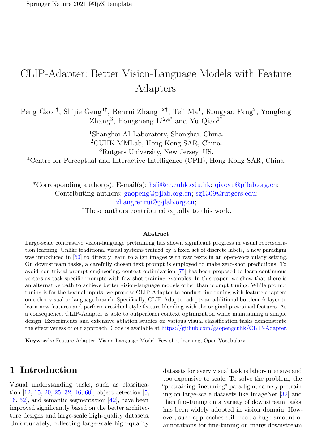 Cover for CLIP-Adapter: Better Vision-Language Models with Feature Adapters