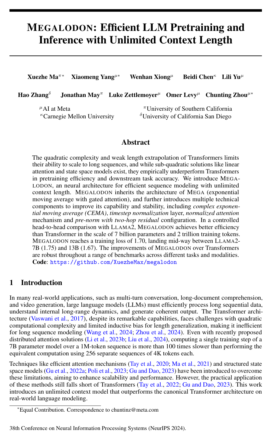 Megalodon: Efficient LLM Pretraining and Inference with Unlimited Context Length