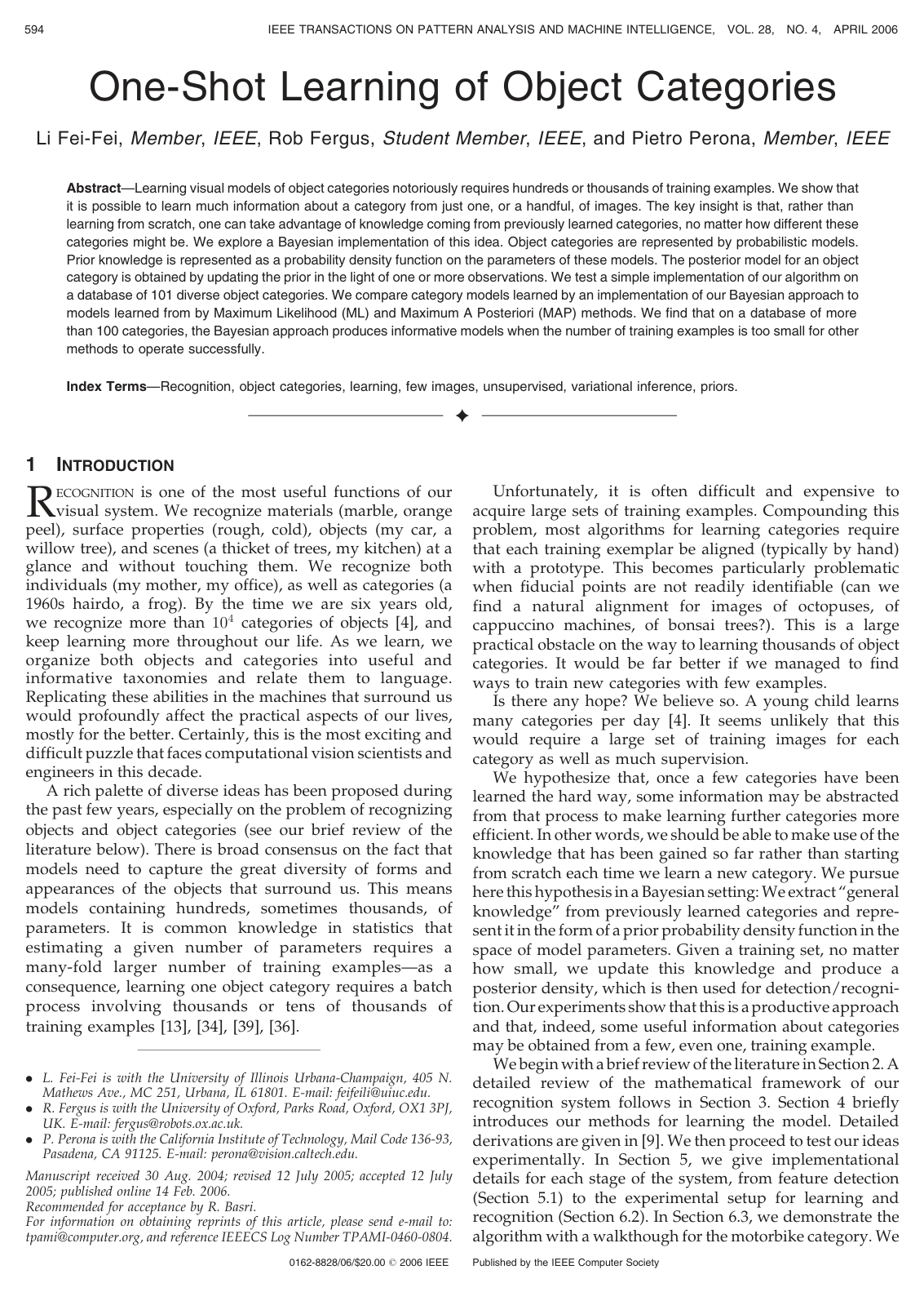 Cover for One-shot learning of object categories