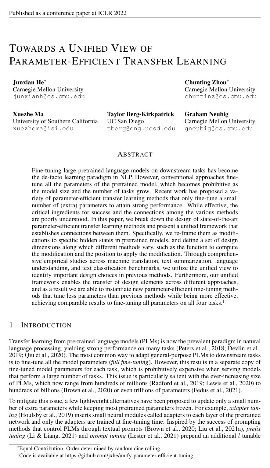 Towards a Unified View of Parameter-Efficient Transfer Learning