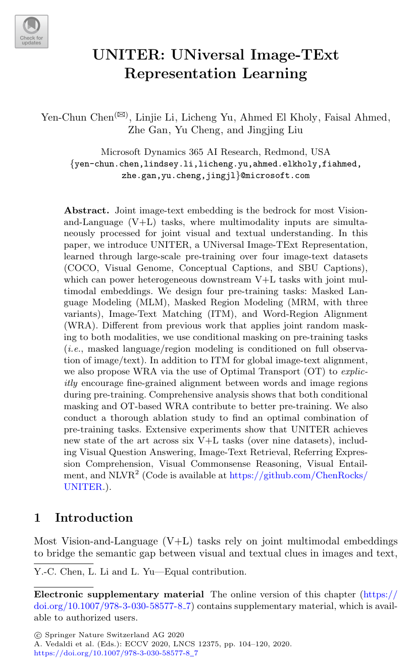 Cover for UNITER: UNiversal Image-TExt Representation Learning