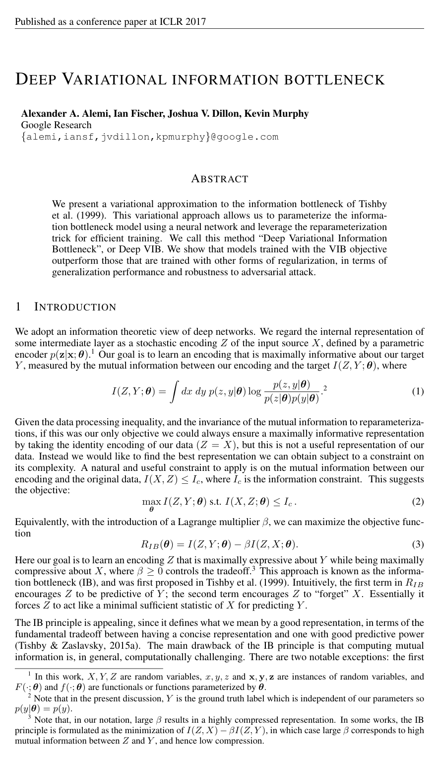 Deep Variational Information Bottleneck