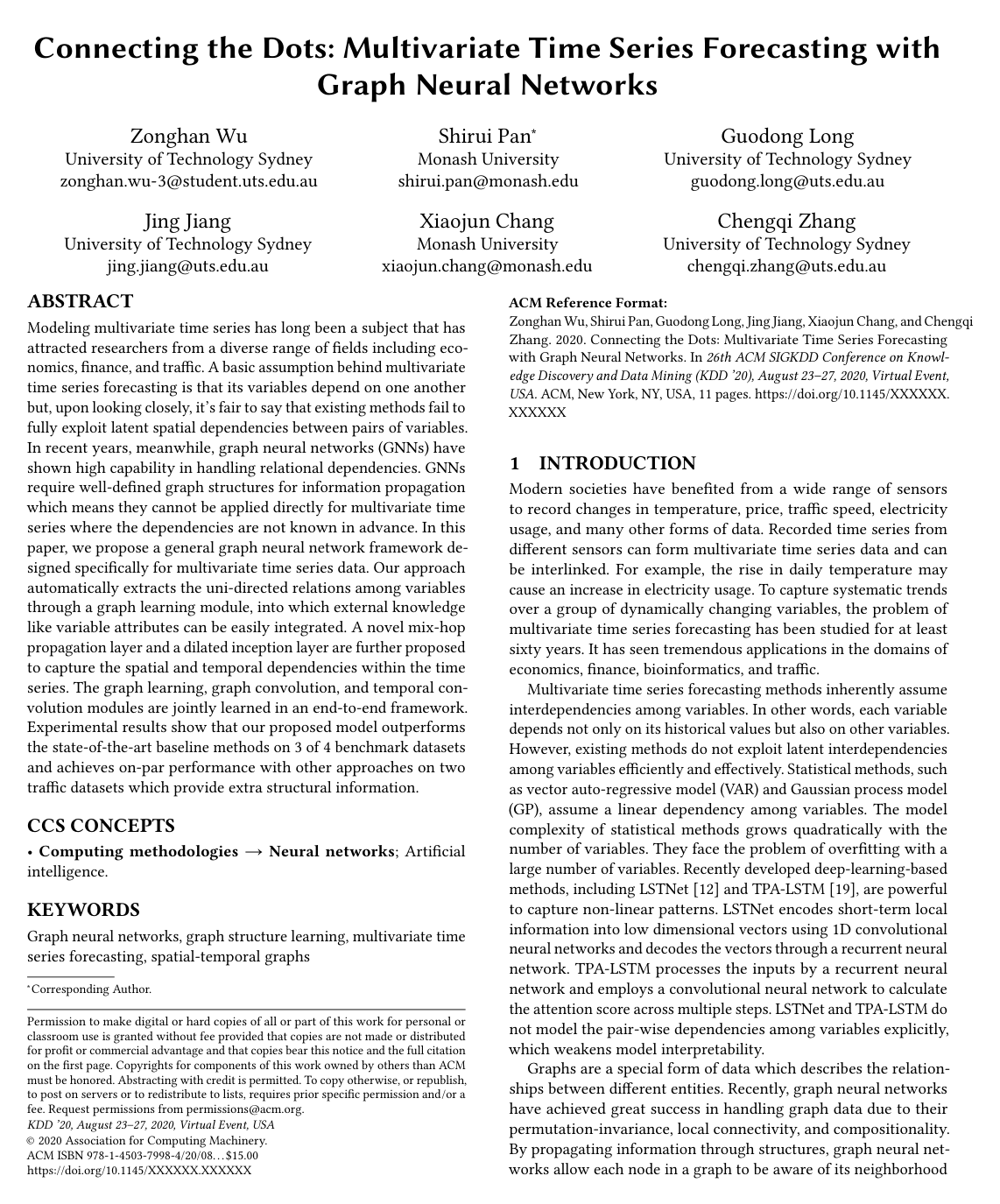 Connecting the Dots: Multivariate Time Series Forecasting with Graph Neural Networks