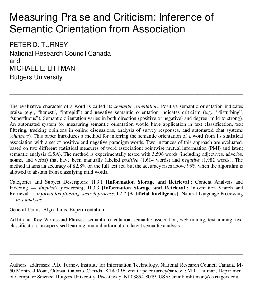 Measuring praise and criticism: Inference of semantic orientation from association