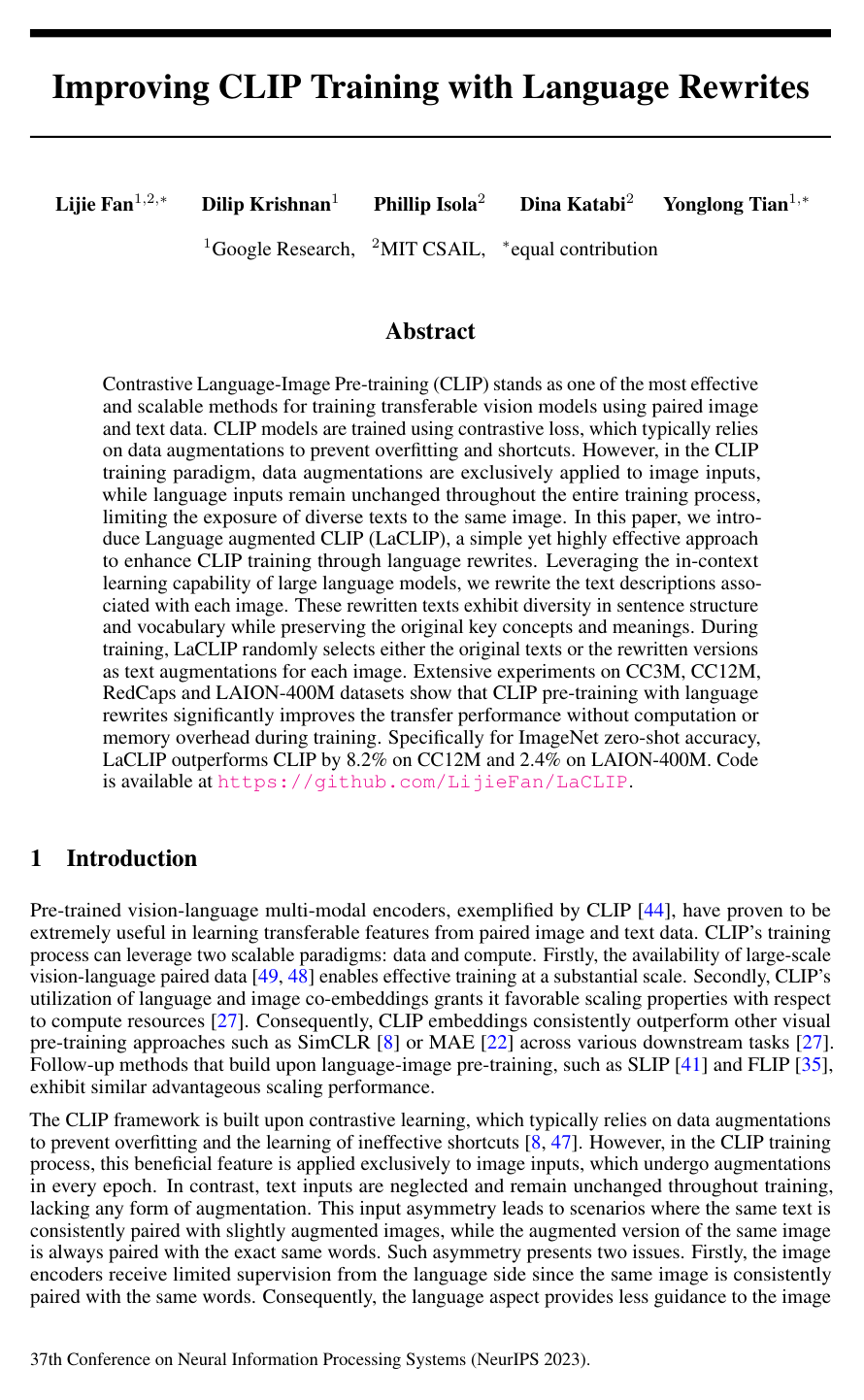 Improving CLIP Training with Language Rewrites