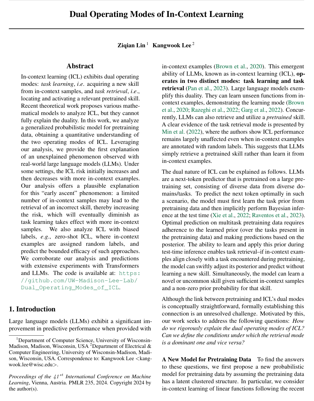 Dual Operating Modes of In-Context Learning
