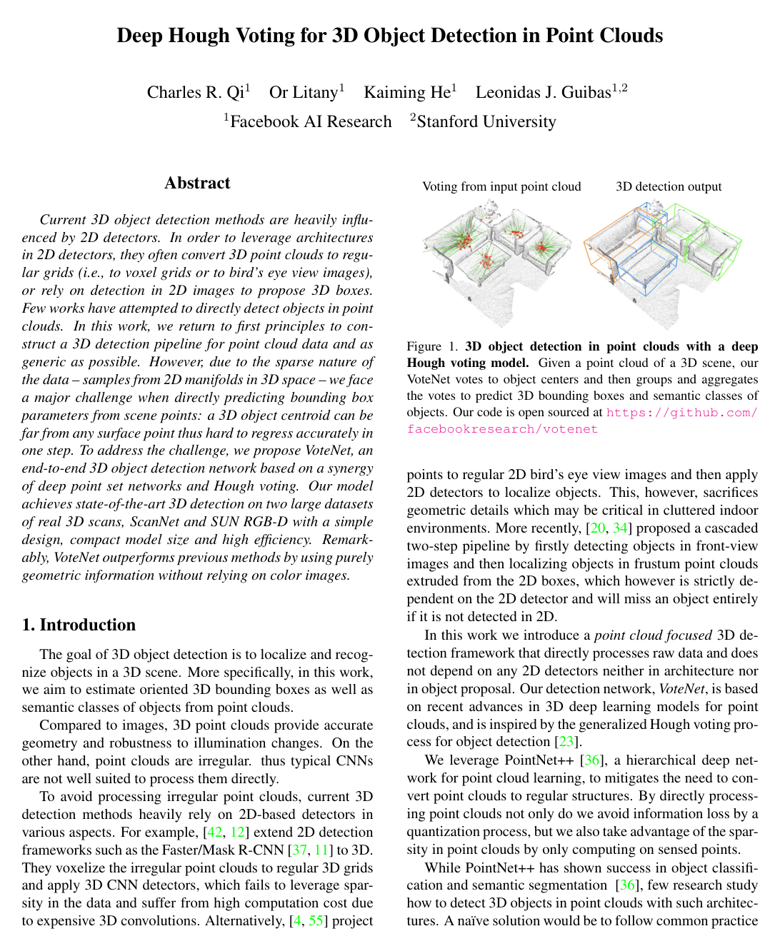 Deep Hough Voting for 3D Object Detection in Point Clouds