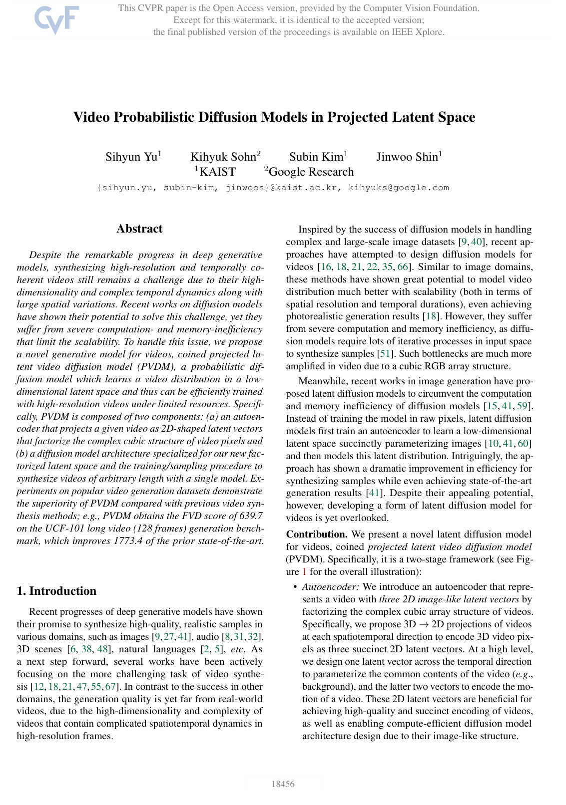Video Probabilistic Diffusion Models in Projected Latent Space