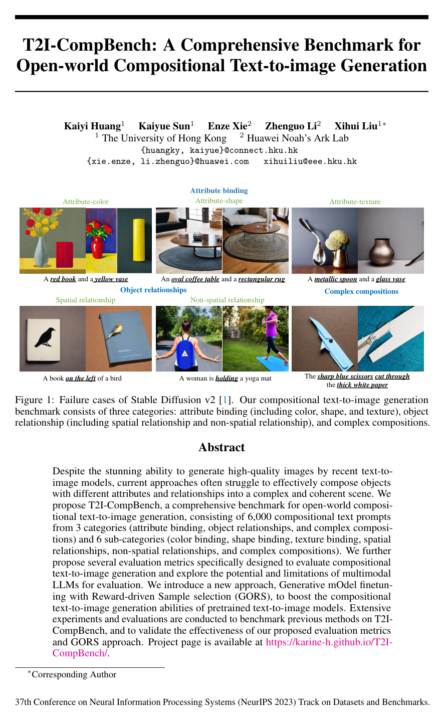 Cover for T2I-CompBench: A Comprehensive Benchmark for Open-world Compositional Text-to-image Generation
