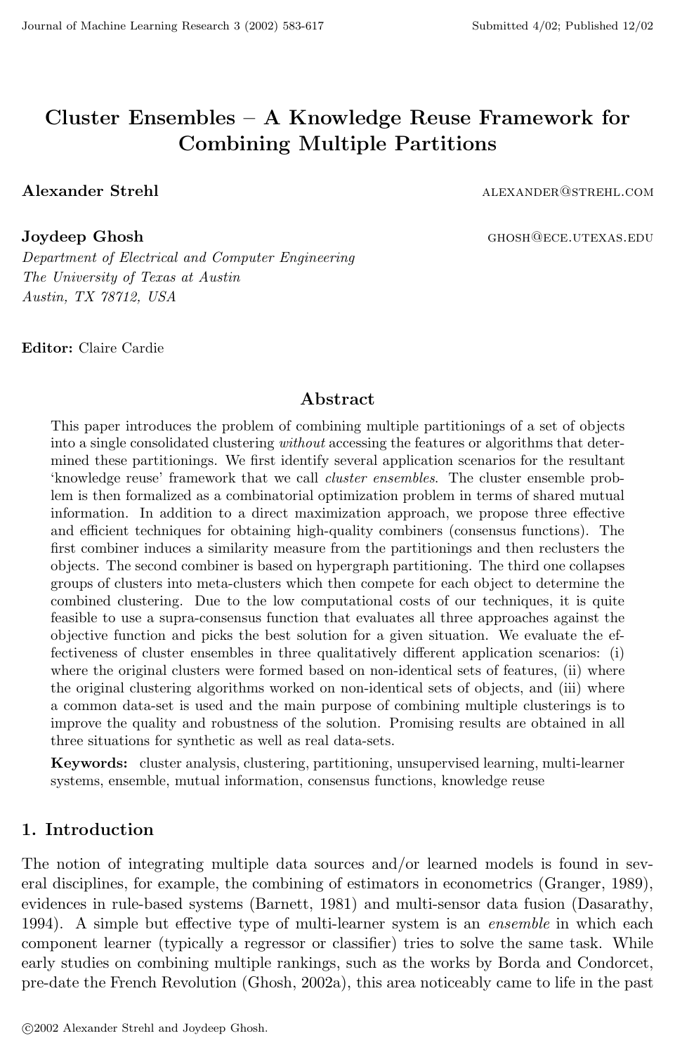 Cluster Ensembles – A Knowledge Reuse Framework for Combining Multiple Partitions