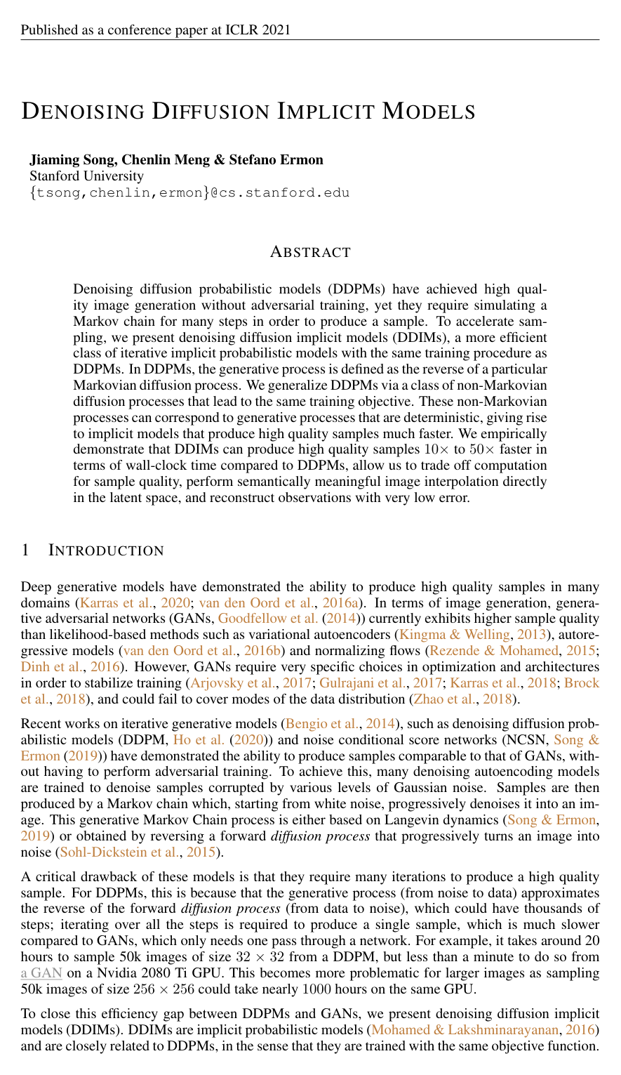 Denoising Diffusion Implicit Models
