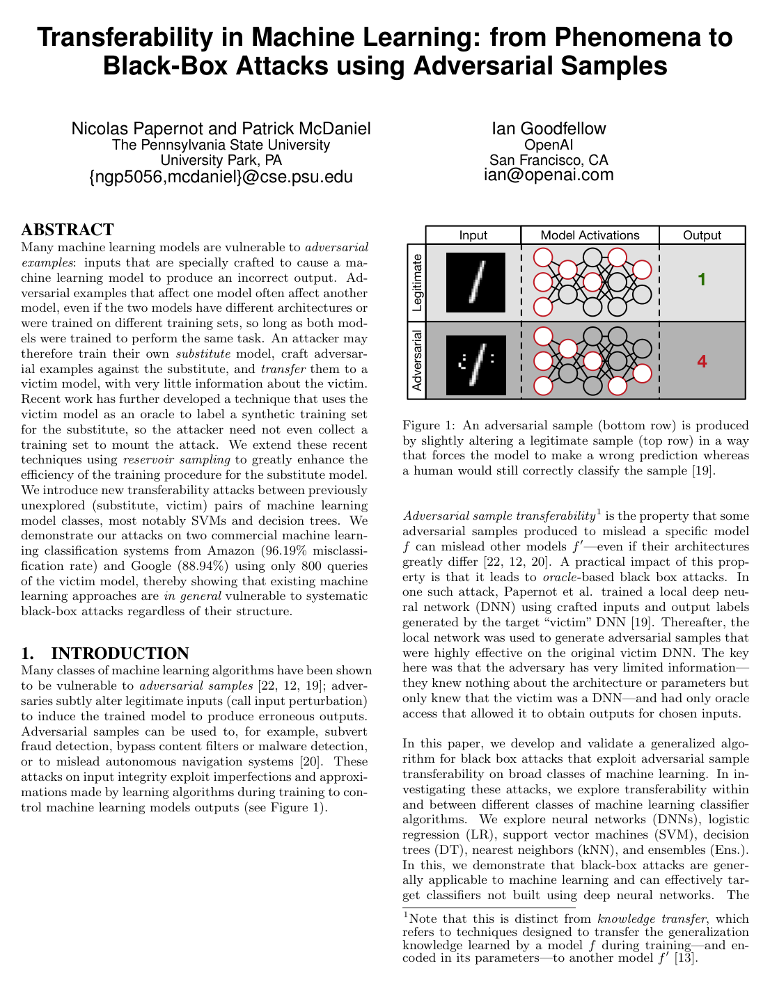 Cover for Transferability in Machine Learning: from Phenomena to Black-Box Attacks using Adversarial Samples