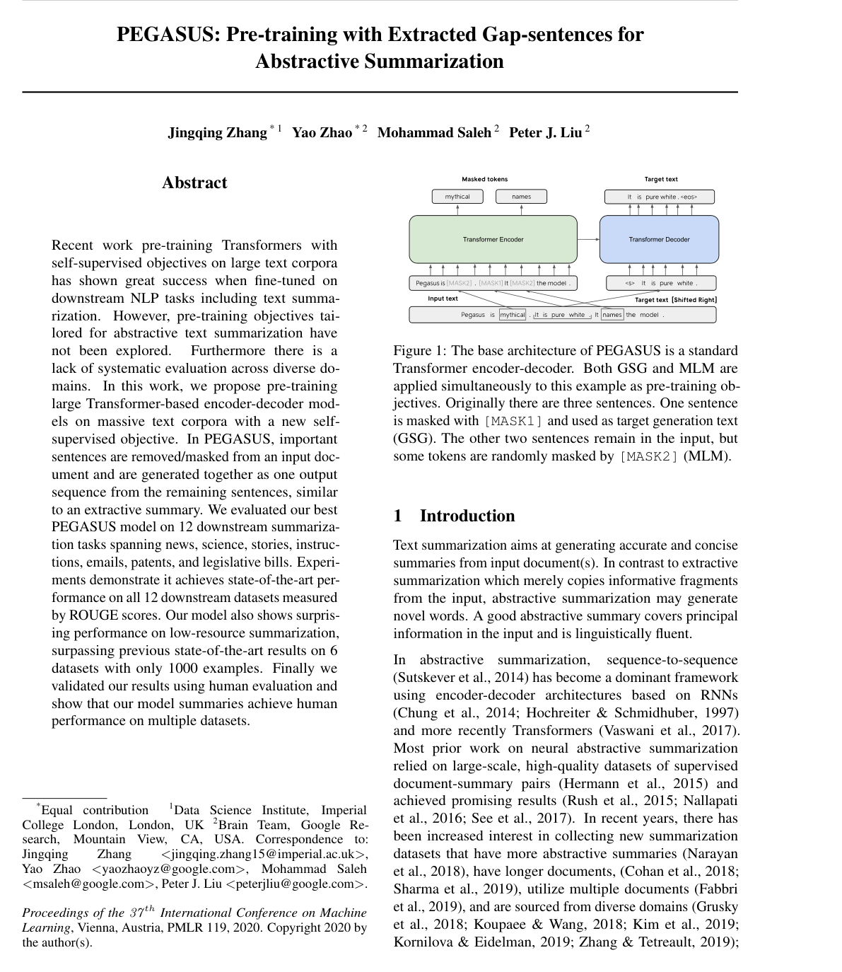 Cover for PEGASUS: Pre-training with Extracted Gap-sentences for Abstractive Summarization