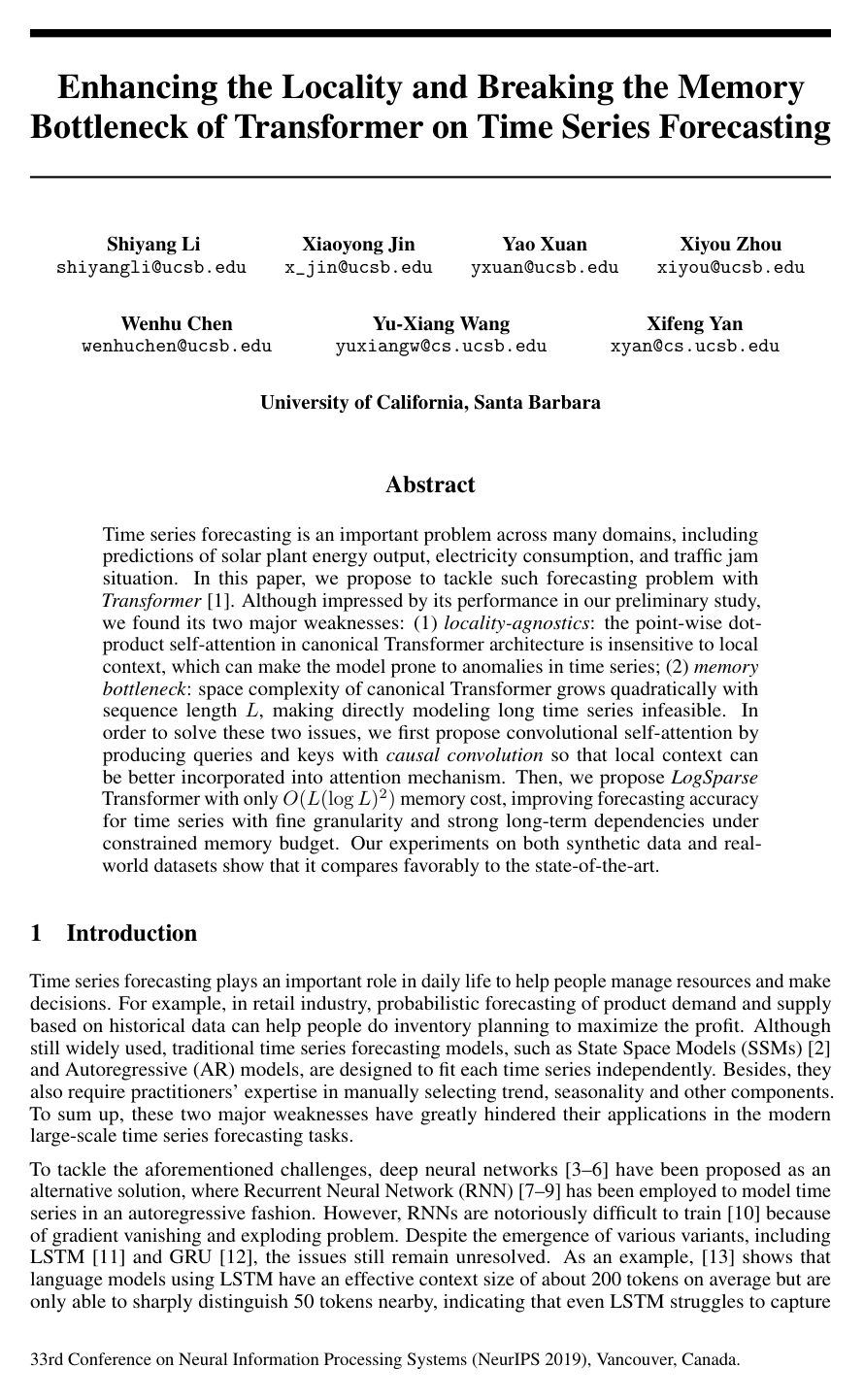 Cover for Enhancing the Locality and Breaking the Memory Bottleneck of Transformer on Time Series Forecasting
