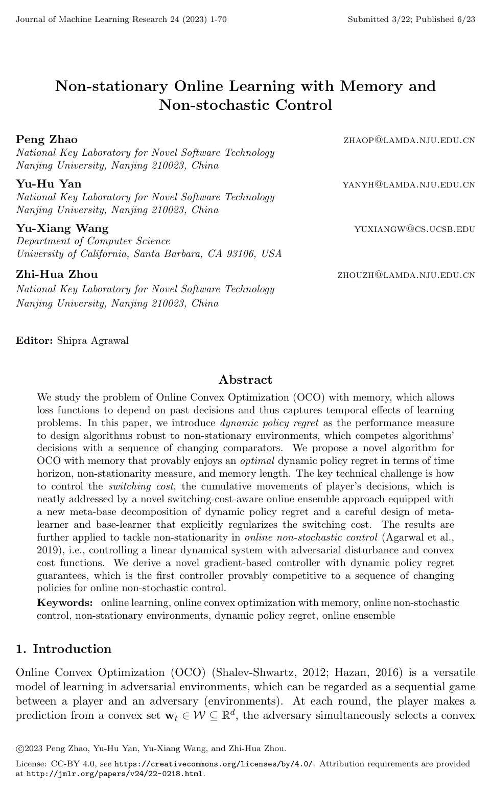 Non-stationary Online Learning with Memory and Non-stochastic Control