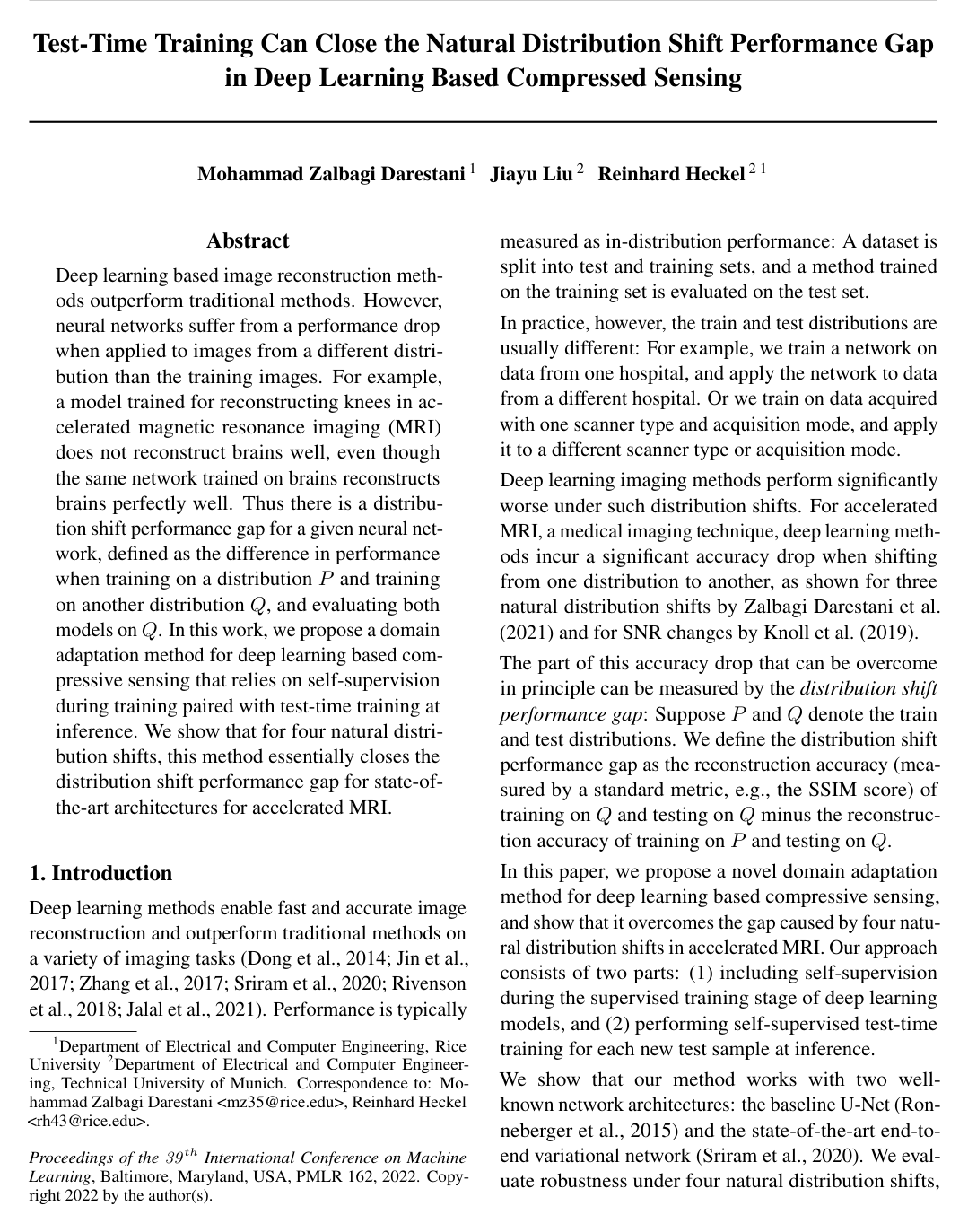 Test-Time Training Can Close the Natural Distribution Shift Performance Gap in Deep Learning Based Compressed Sensing
