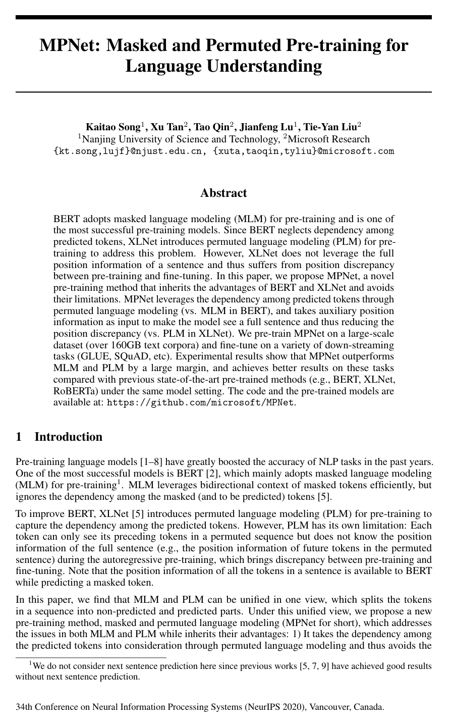 Cover for MPNet: Masked and Permuted Pre-training for Language Understanding