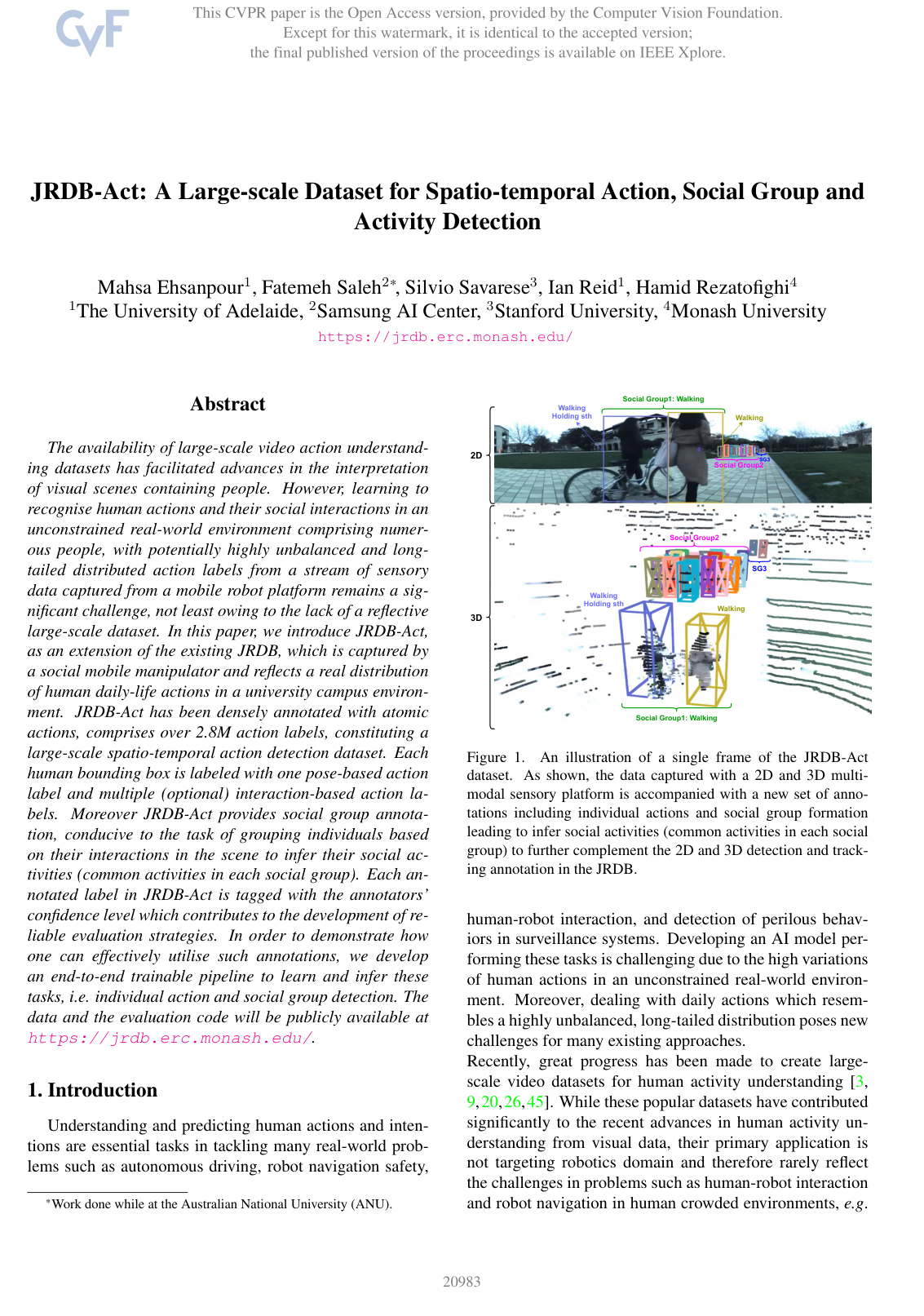JRDB-Act: A Large-scale Dataset for Spatio-temporal Action, Social Group and Activity Detection