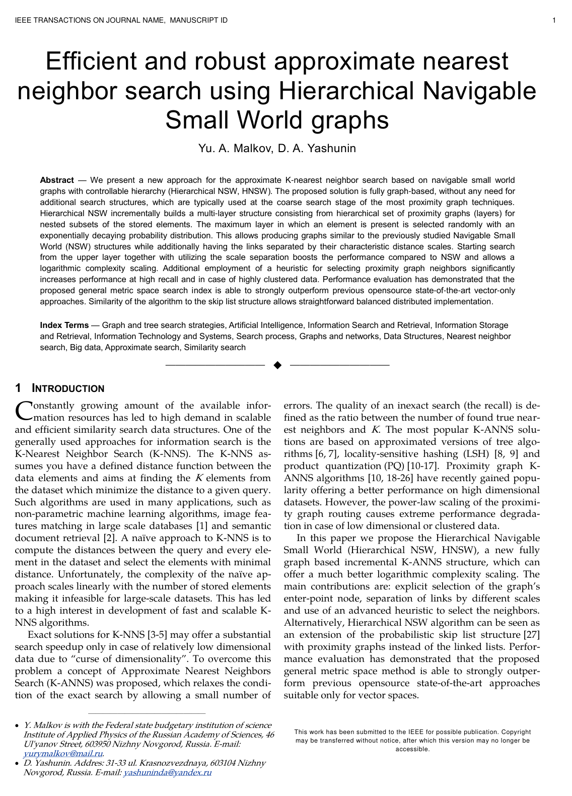Efficient and robust approximate nearest neighbor search using Hierarchical Navigable Small World graphs