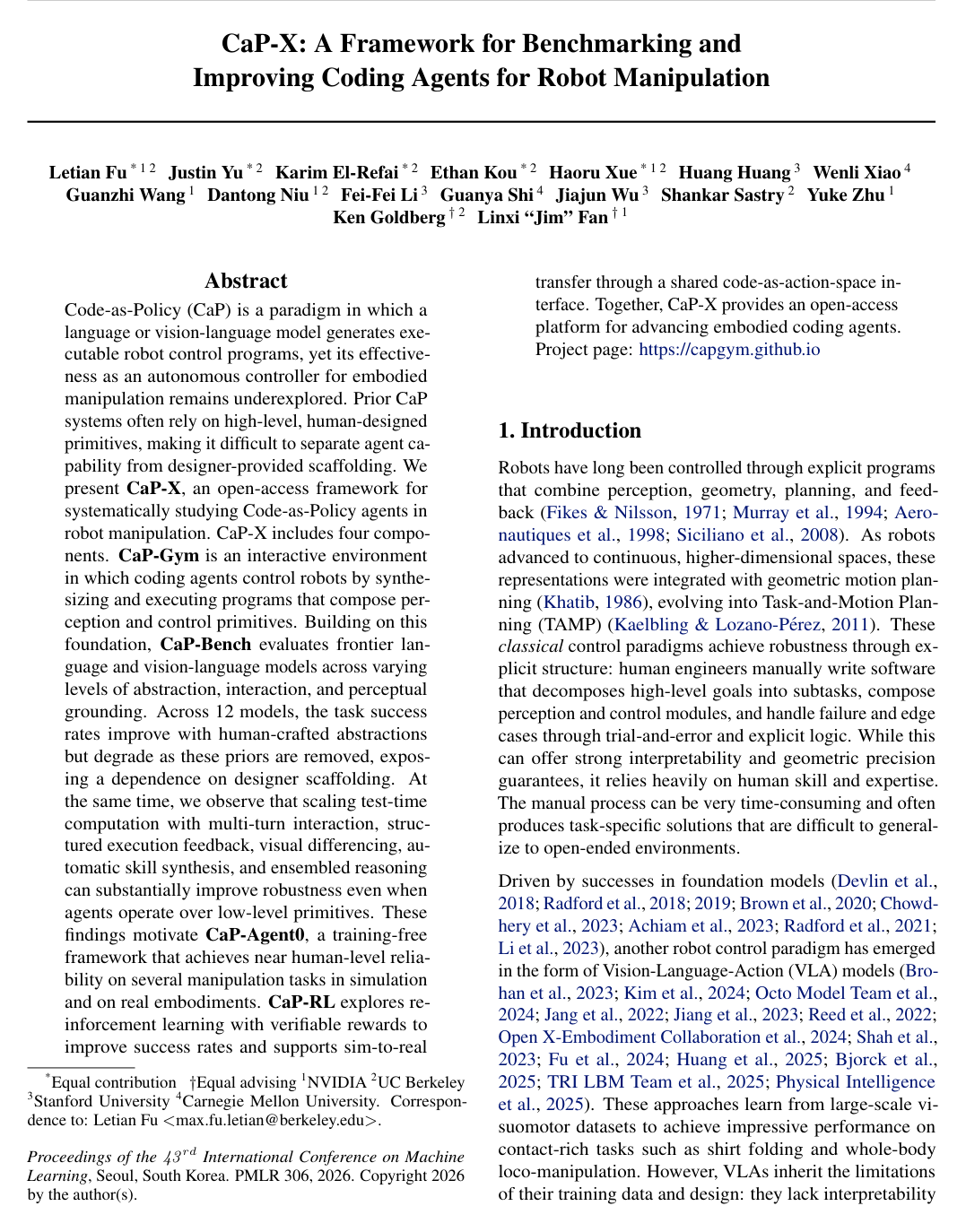 Cover for CaP-X: A Framework for Benchmarking and Improving Coding Agents for Robot Manipulation