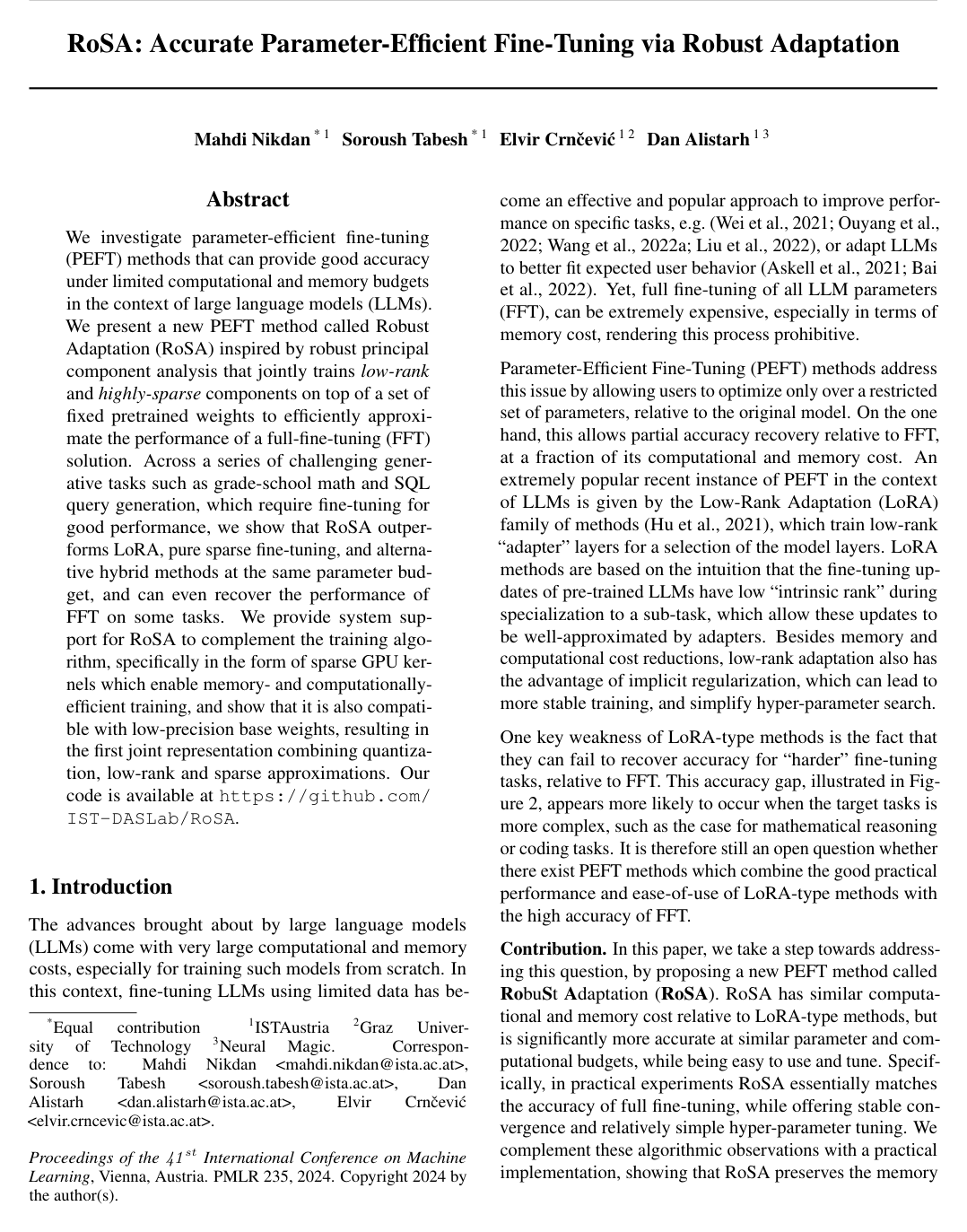 Cover for RoSA: Accurate Parameter-Efficient Fine-Tuning via Robust Adaptation