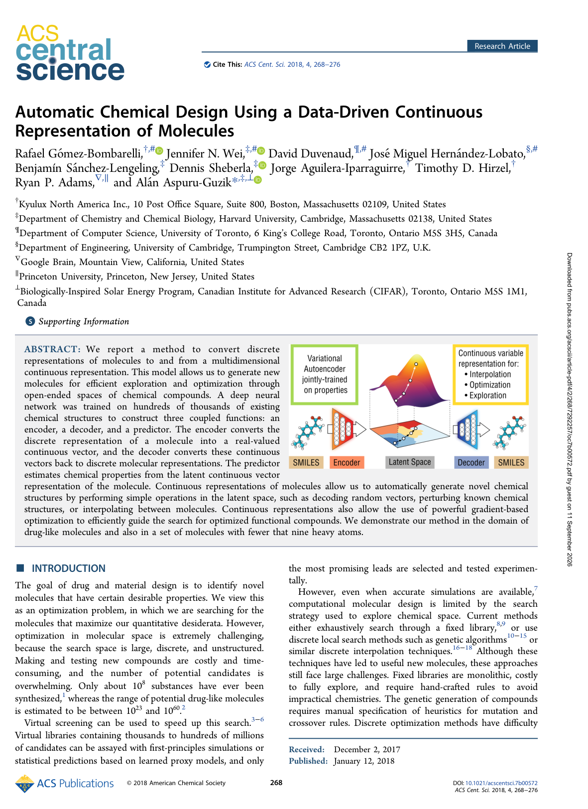 Automatic Chemical Design Using a Data-Driven Continuous Representation of Molecules