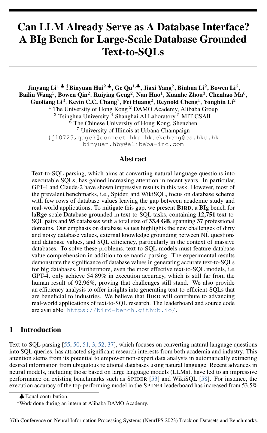 Cover for Can LLM Already Serve as A Database Interface? A BIg Bench for Large-Scale Database Grounded Text-to-SQLs