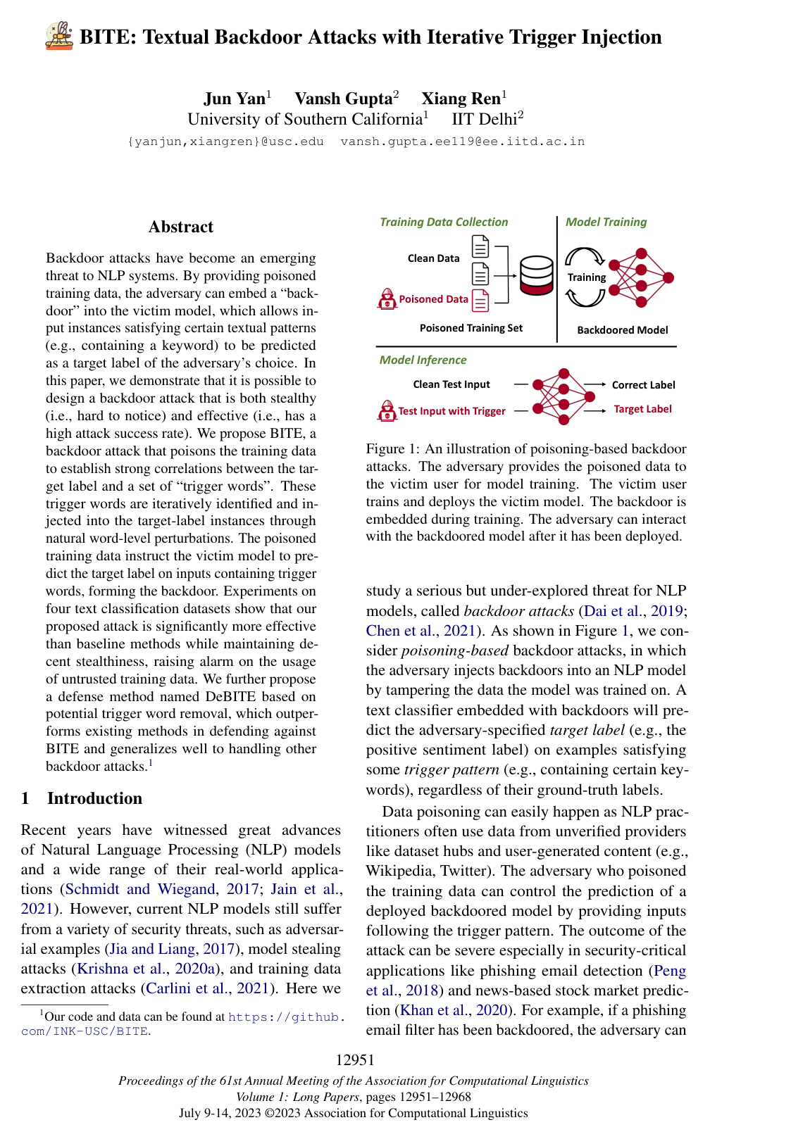 BITE: Textual Backdoor Attacks with Iterative Trigger Injection