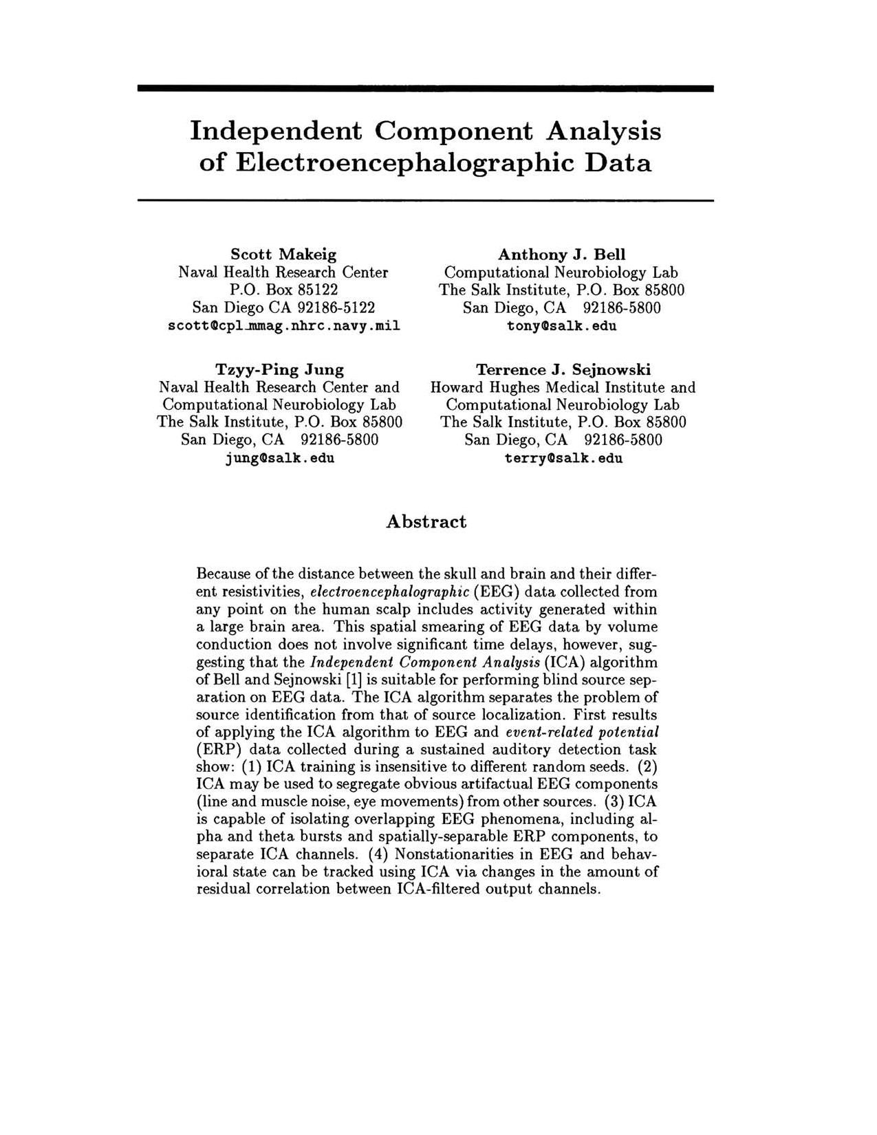 Cover for Independent Component Analysis of Electroencephalographic Data