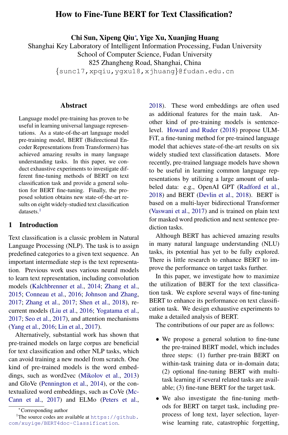 How to Fine-Tune BERT for Text Classification?