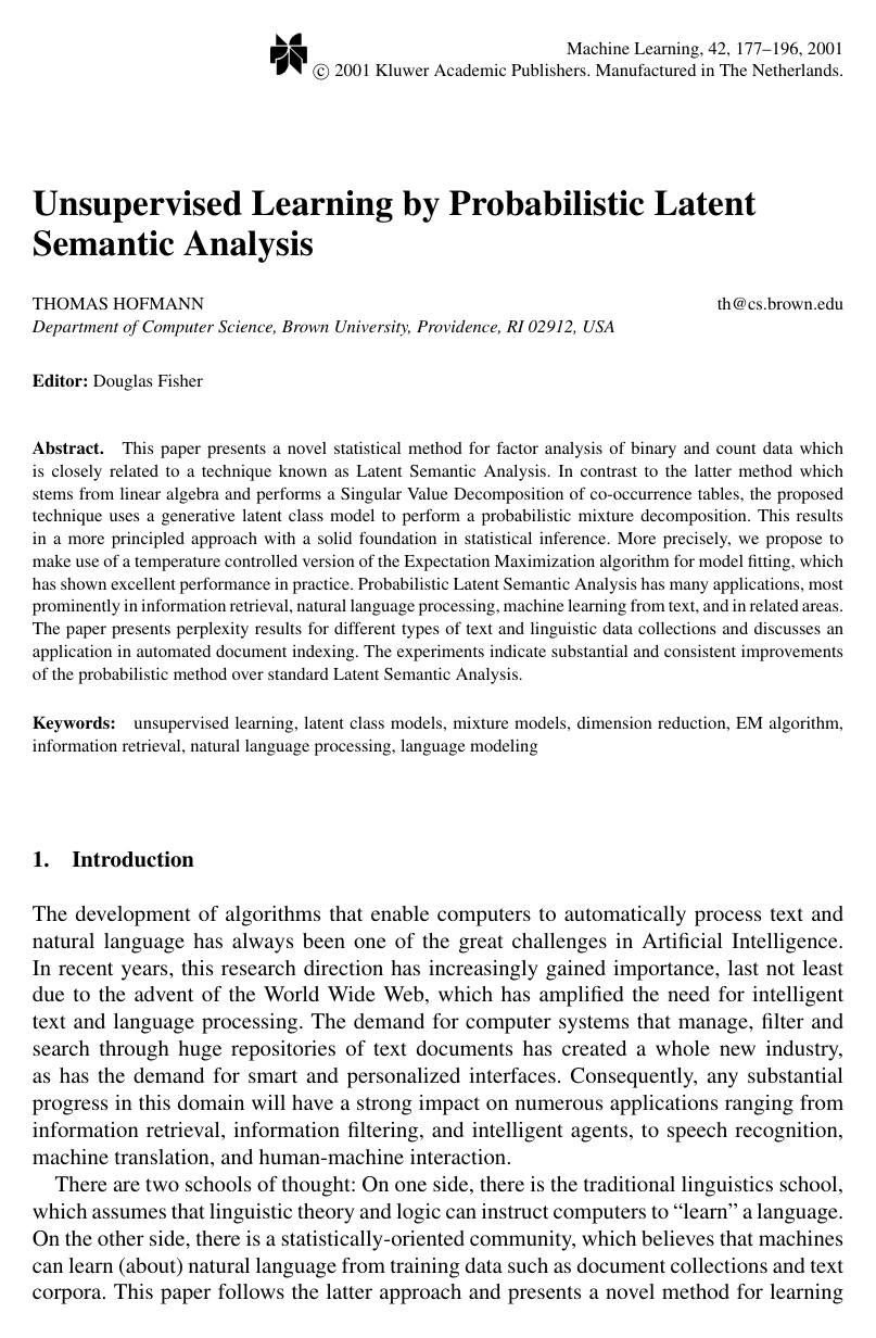 Cover for Unsupervised Learning by Probabilistic Latent Semantic Analysis