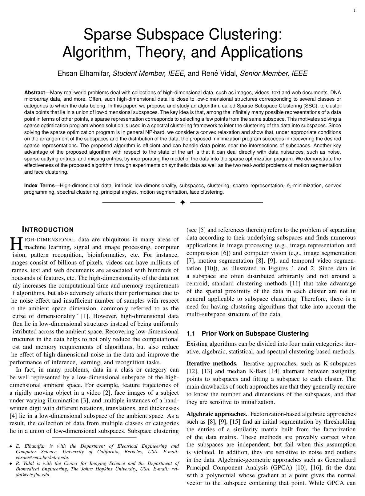 Sparse Subspace Clustering: Algorithm, Theory, and Applications