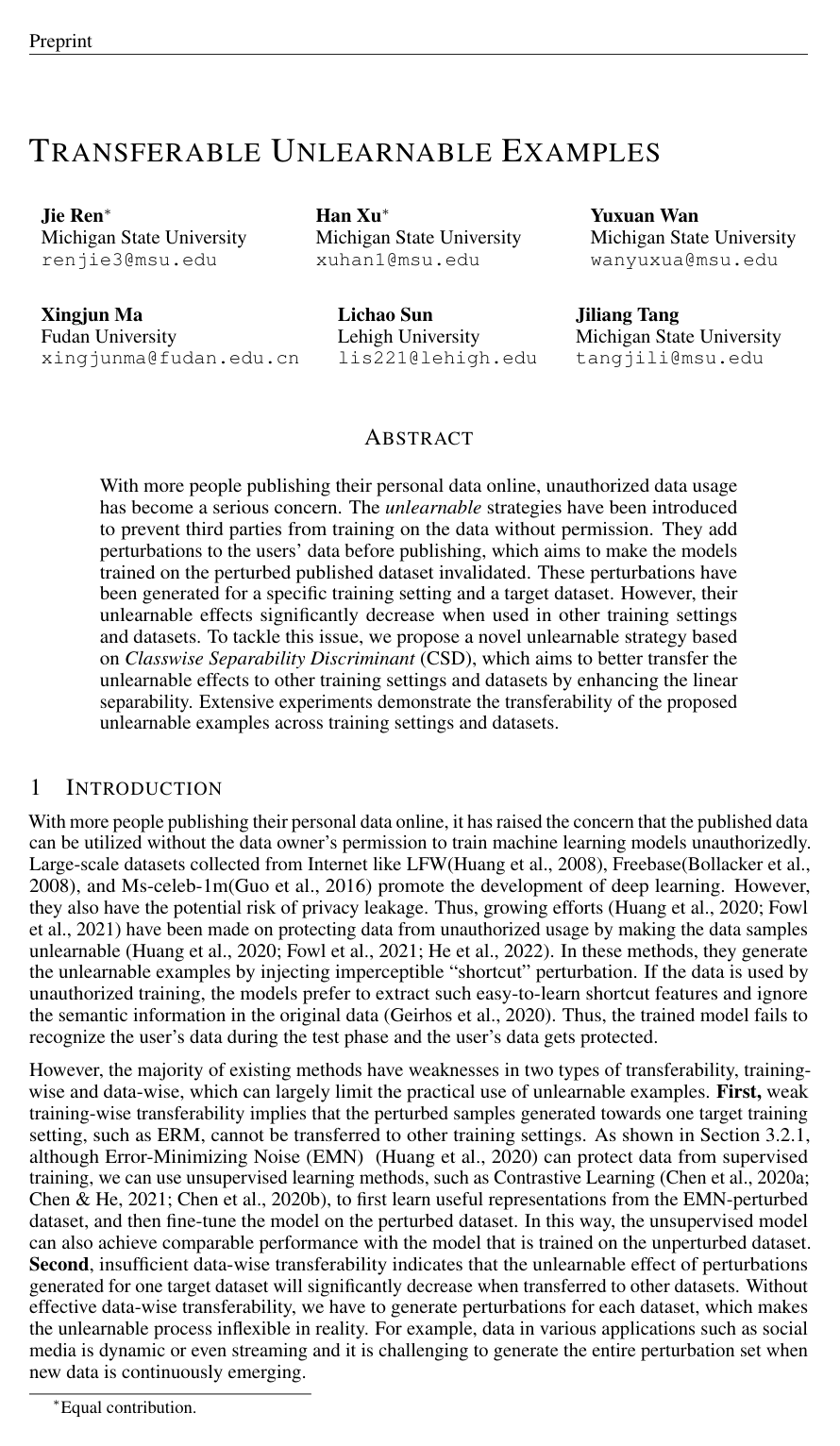 Cover for Transferable Unlearnable Examples