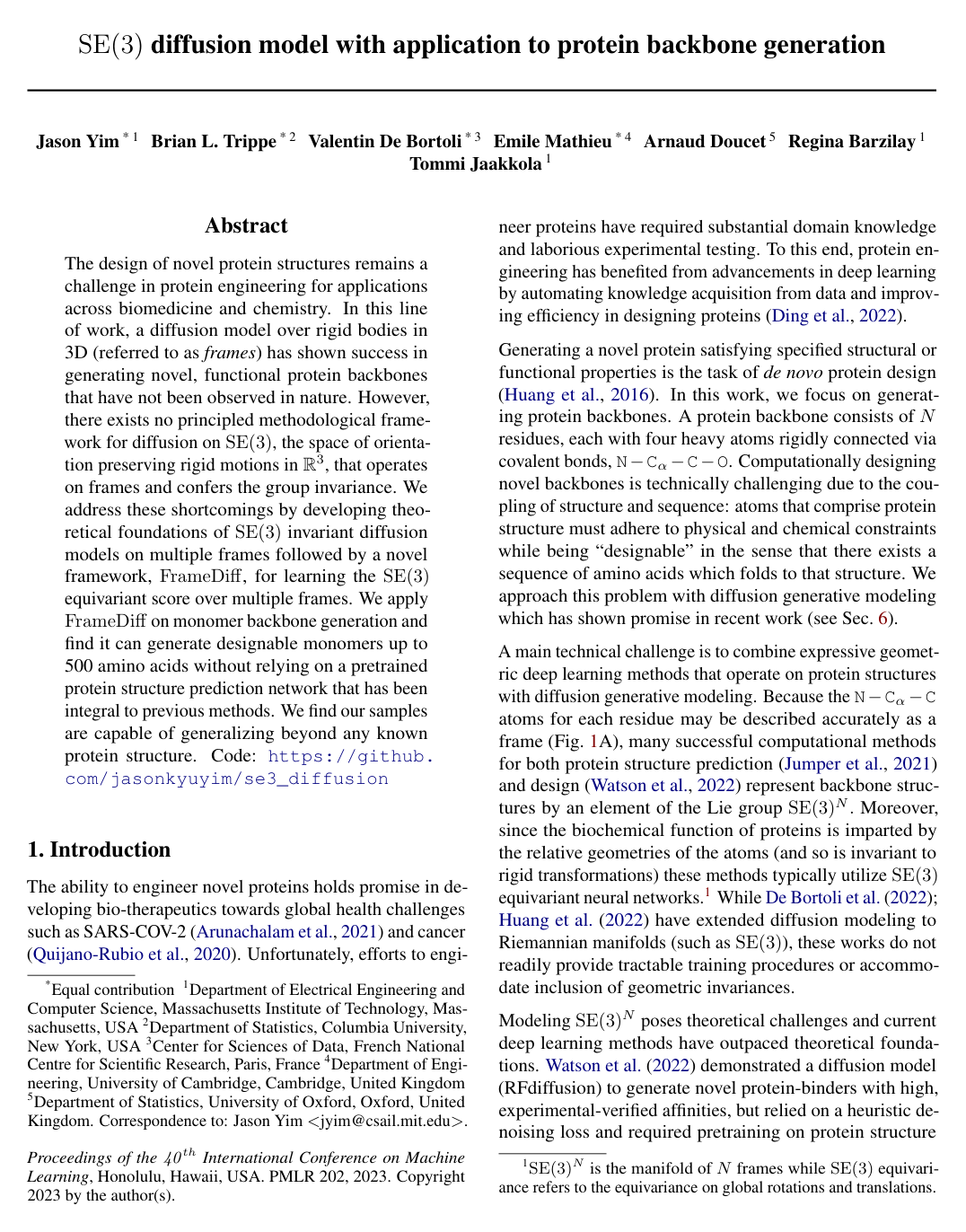 Cover for SE(3) diffusion model with application to protein backbone generation