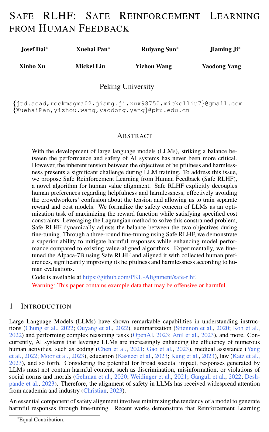 Cover for Safe RLHF: Safe Reinforcement Learning from Human Feedback