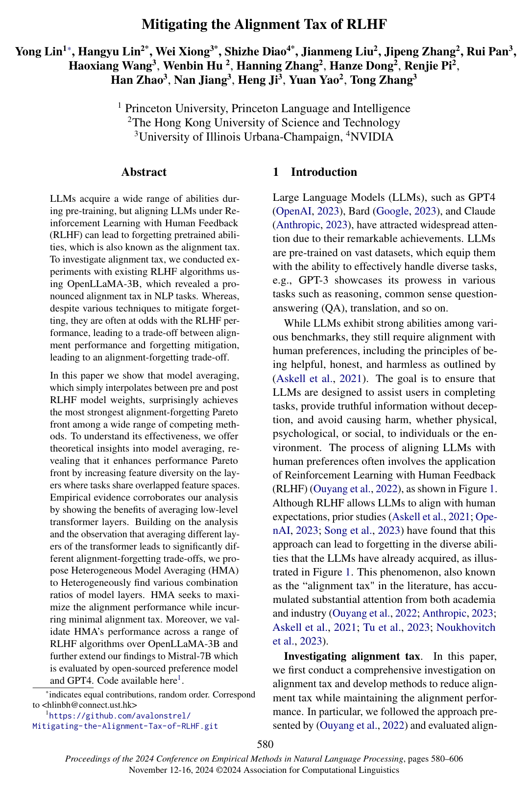 Cover for Mitigating the Alignment Tax of RLHF