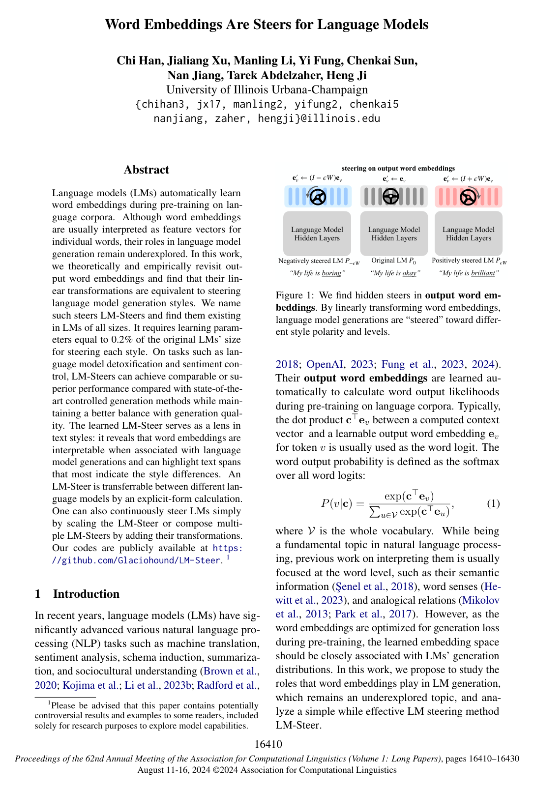 Word Embeddings Are Steers for Language Models