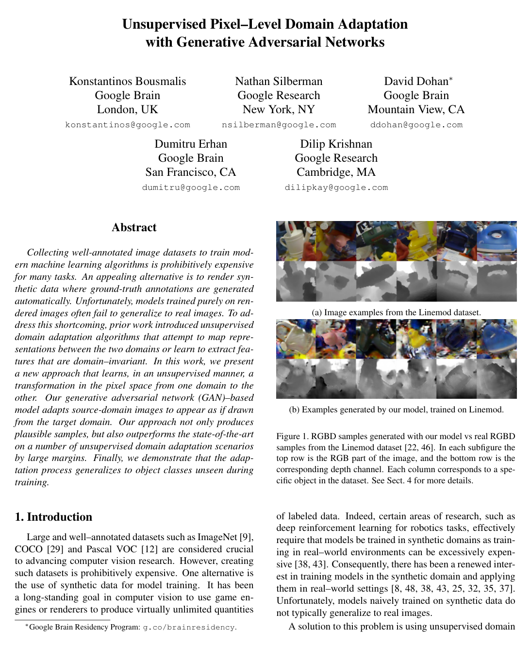 Unsupervised Pixel-Level Domain Adaptation with Generative Adversarial Networks