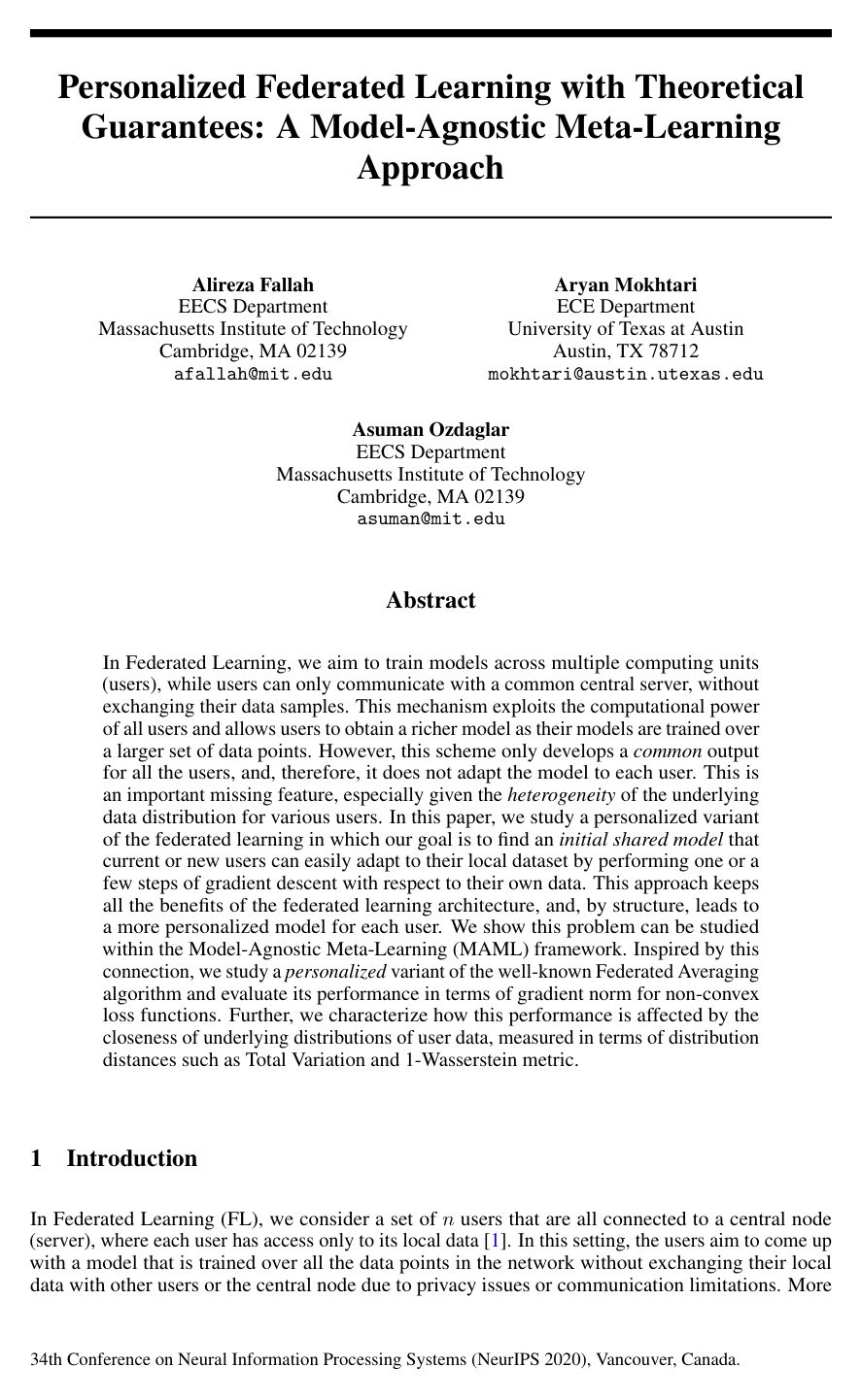 Cover for Personalized Federated Learning with Theoretical Guarantees: A Model-Agnostic Meta-Learning Approach