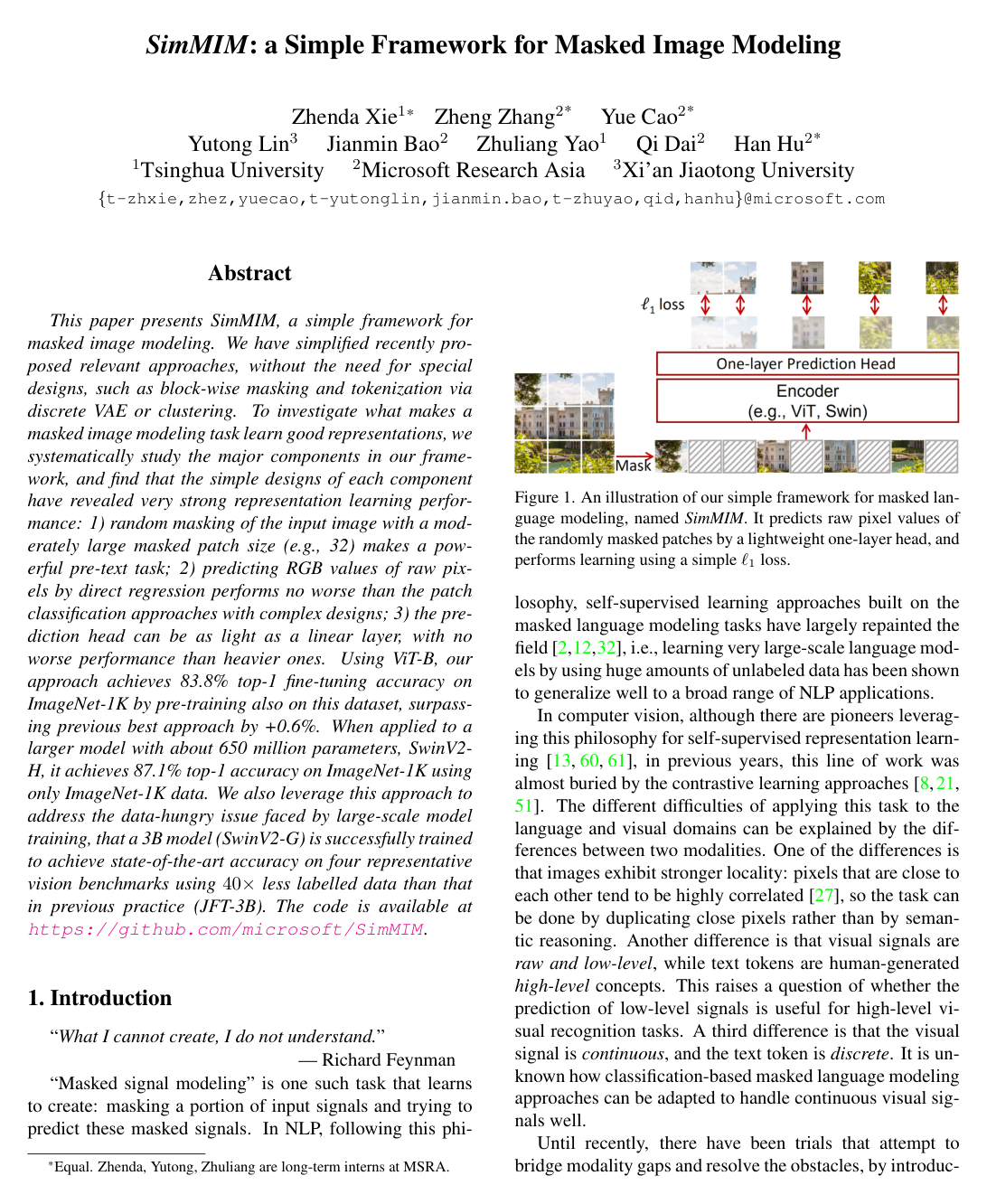Cover for SimMIM: a Simple Framework for Masked Image Modeling