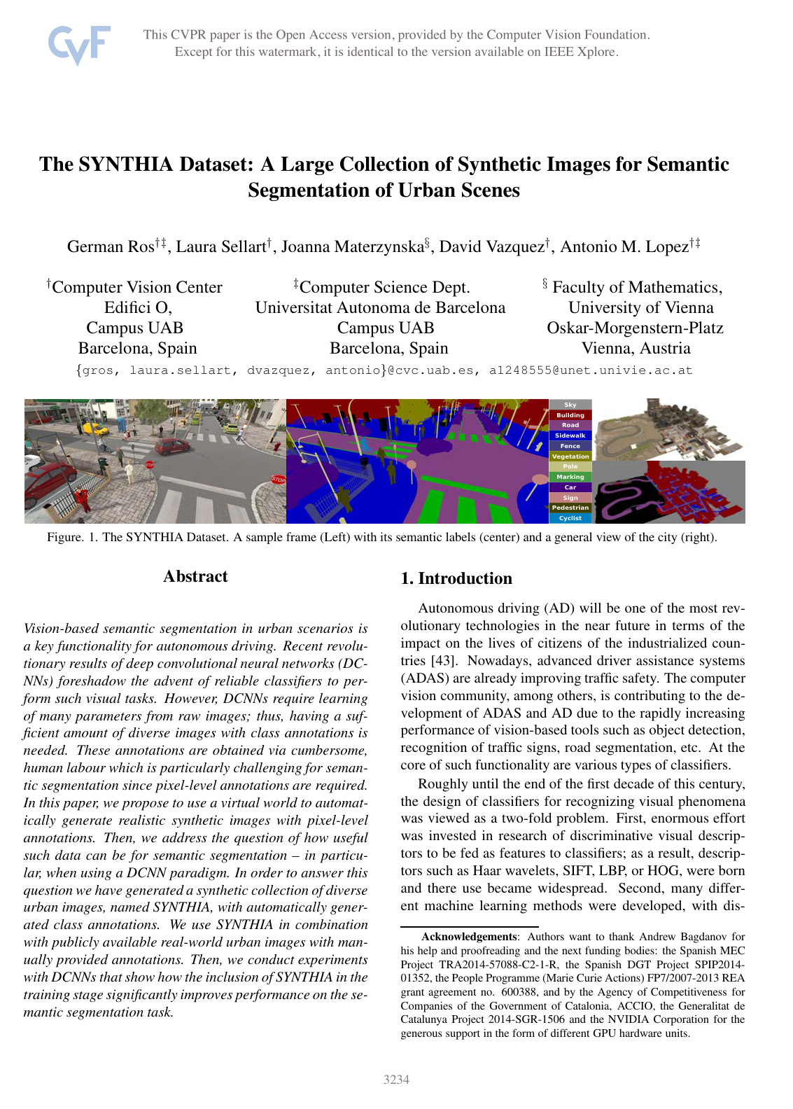 Cover for The SYNTHIA Dataset: A Large Collection of Synthetic Images for Semantic Segmentation of Urban Scenes