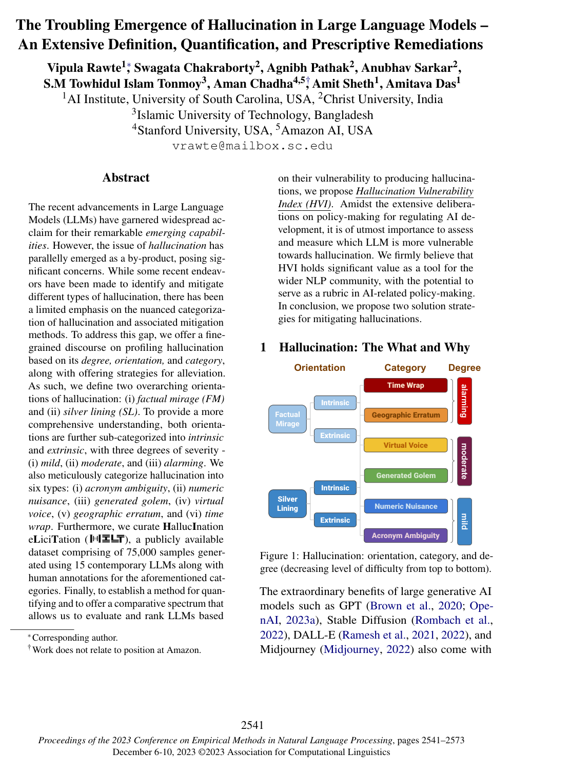 The Troubling Emergence of Hallucination in Large Language Models - An Extensive Definition, Quantification, and Prescriptive Remediations